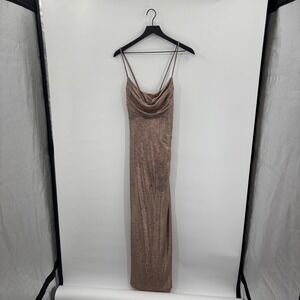 Nightway Rose Gold Glitter Cowl Neck Spaghetti Strap Maxi Dress Size 14P